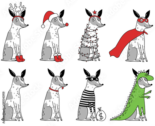 funny spotty dogs in different costumes for your design. New Year. Vector illustration