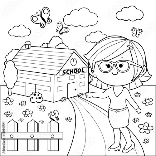 Teacher in front of a school building. Vector black and white coloring page.