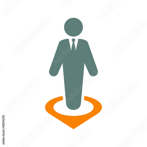 Icono plano hombre en puntero gris y naranja en fondo blanco