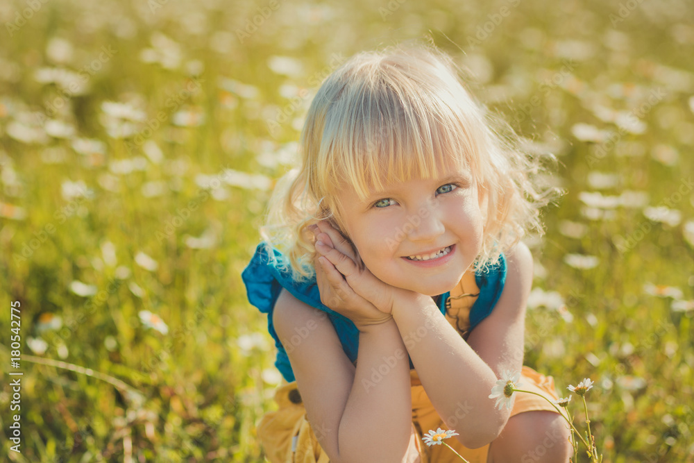 Cute beautiful girl baby with scoop ring sweep net on daisy meadow field in yellow jumper blue shirt posing with smile and wild white horse on background.Adorable kid with chamomiles. Cute beautiful girl baby with scoop ring sweep net on daisy meadow field in yellow jumper blue shirt posing with smile and wild white horse on background.Adorable kid with chamomiles.