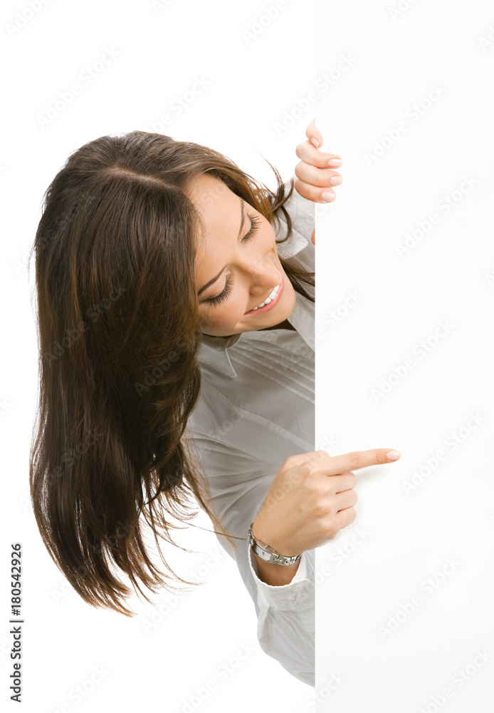 Businesswoman showing blank signboard, on white Businesswoman showing blank signboard, on white
