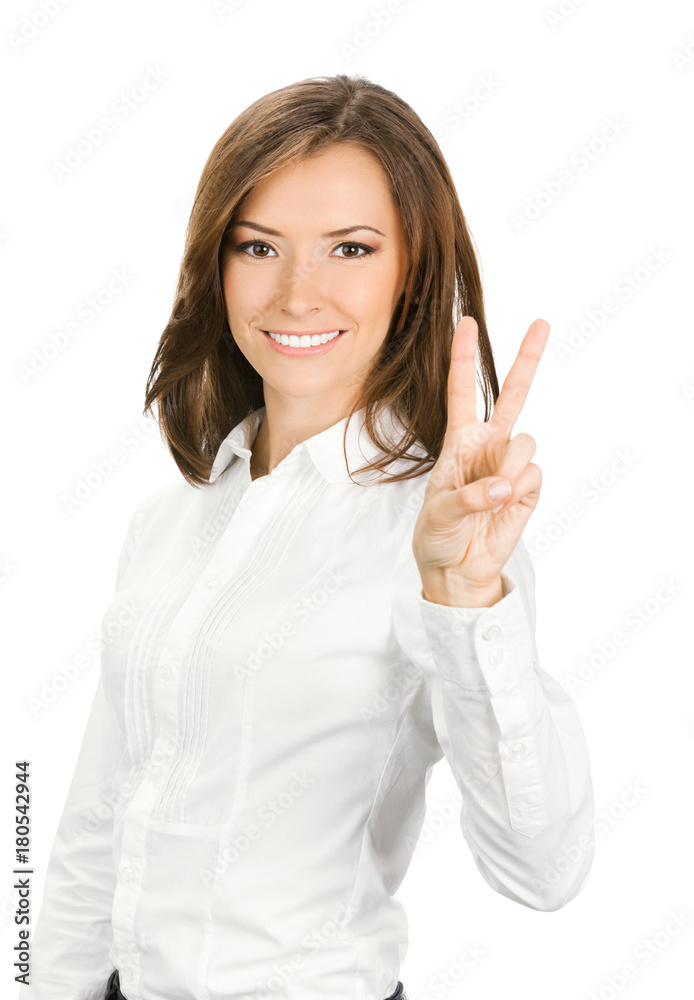 Businesswoman showing two fingers, on white Businesswoman showing two fingers, on white