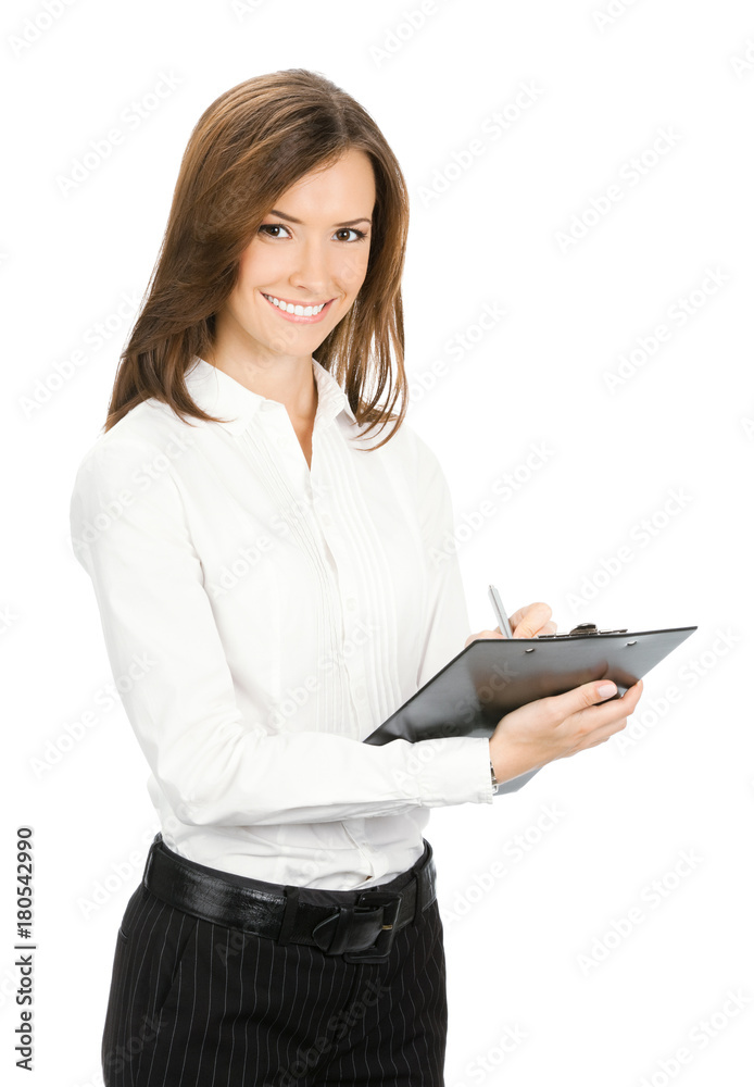 Businesswoman with clipboard writing, isolated Businesswoman with clipboard writing, isolated