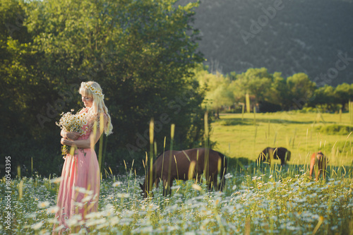 Seductive blond blue eyes lady woman in pinky airy dress on meadow of daisy chamomile holding bouquet of nflowers in hands and posing with horse on background.Adorable scene in nature. photo