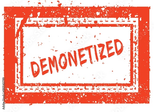 Obraz na plátně DEMONETIZED on orange square frame rubber stamp with grunge texture