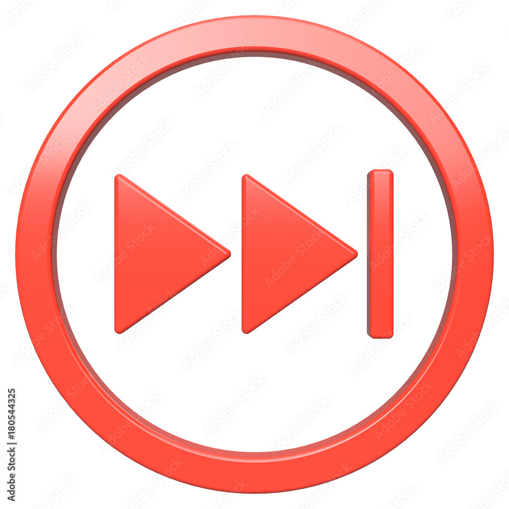 Fast forward icon. Red round 3d button with frame Fast forward icon. Red round 3d button with frame