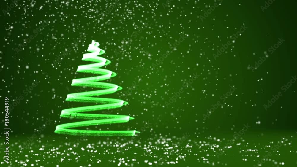 Green big Christmas tree from glow shiny particles on the left side of screen. Winter theme for Xmas background with copy space. 3d Xmas tree V7 with glitter particles DOF