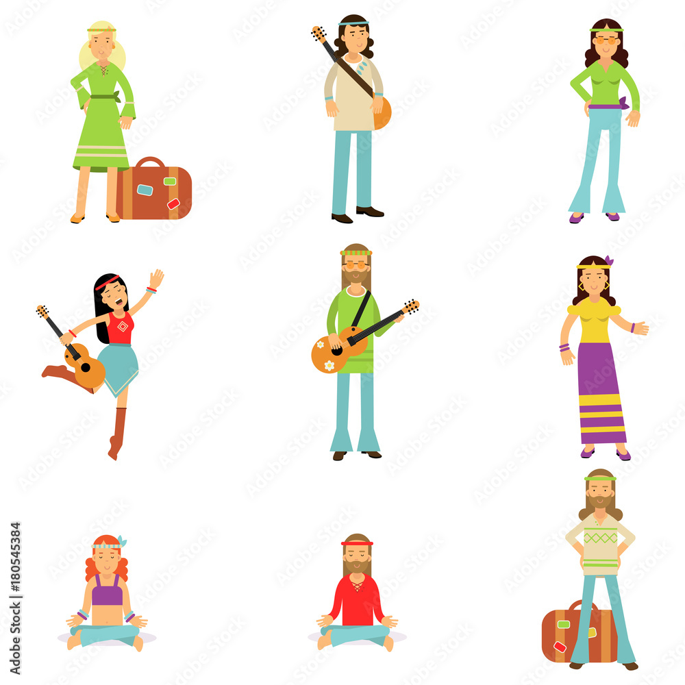 Hippies dressed in classic woodstock sixties hippy subculture clothes. Vector flat set
