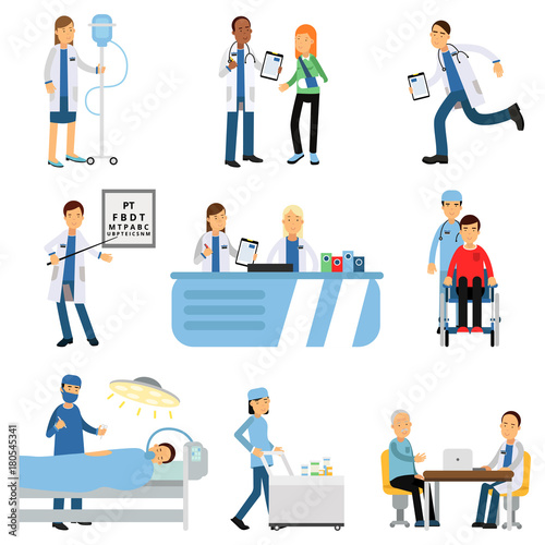 Doctor with patient, nurse with dropper, trolley with medicines, therapist s and oculist s office, operating room, reception