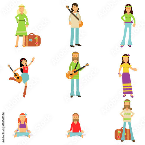 Hippies dressed in classic woodstock sixties hippy subculture clothes. Vector flat set