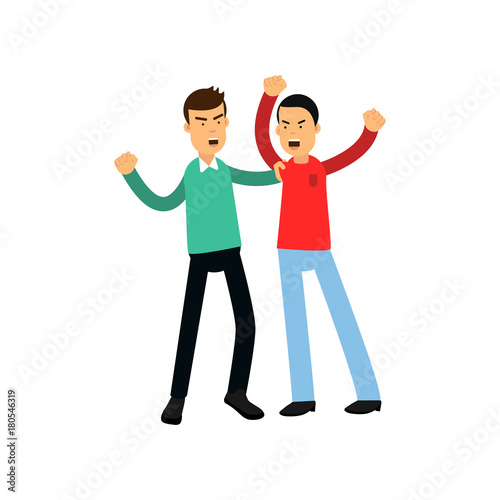 Flat vector illustration of two angry men in fighting pose isolated on white background. Aggressive and violent behavior.