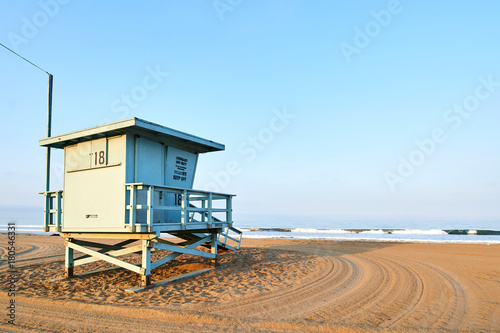 Lifeguard booth on Santa Monica beach  Los Angeles  California at sunrise