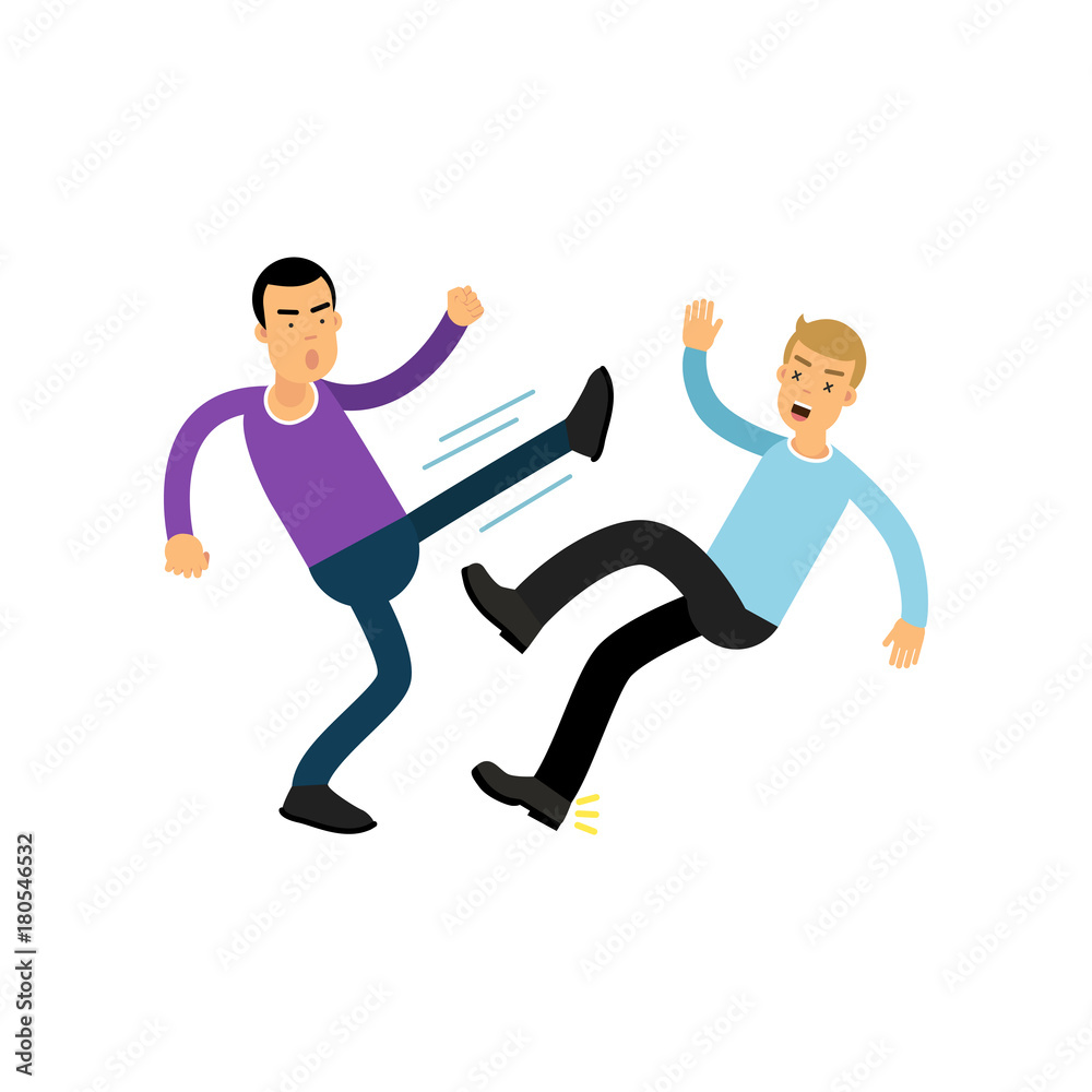 Cartoon flat irate man character in high kick pose beats guy in blue sweater, aggressive behavior