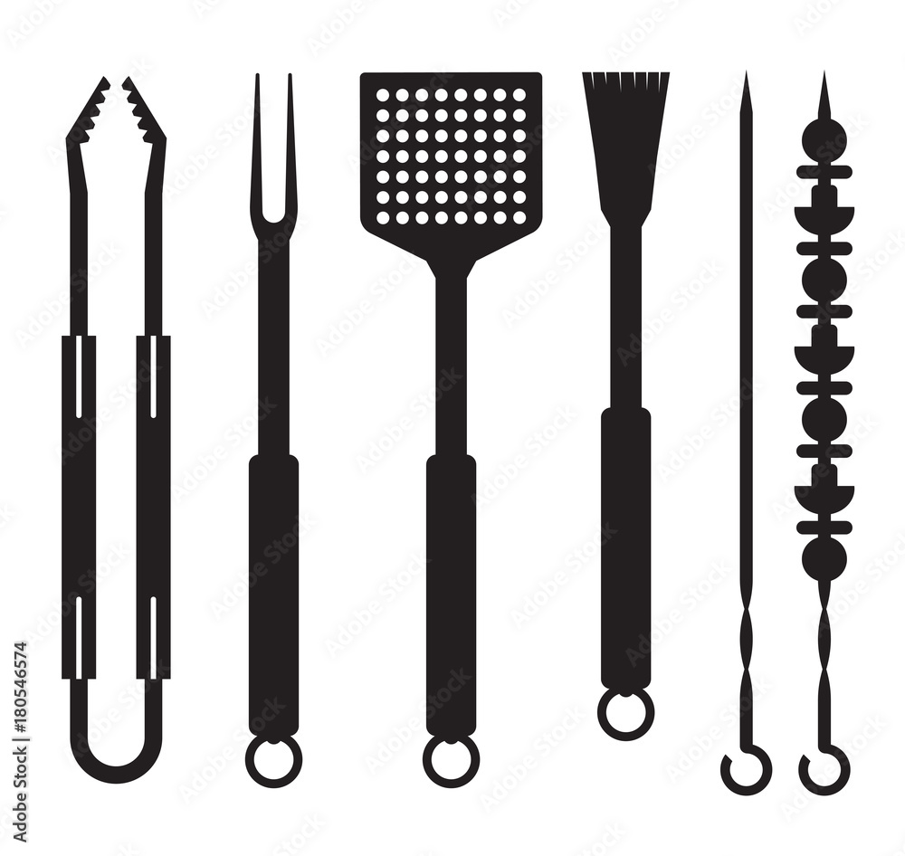 Grill and barbecue utensils icons in outline design. BBQ tools logo or  label template. Barbeque equipment silhouette collection. vector de Stock |  Adobe Stock