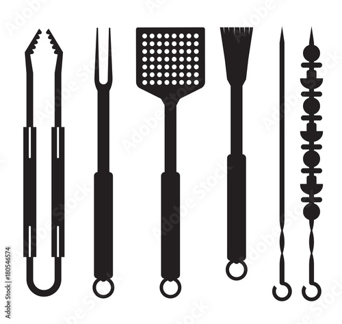 Grill and barbecue utensils icons in outline design. BBQ tools logo or label template. Barbeque equipment silhouette collection.