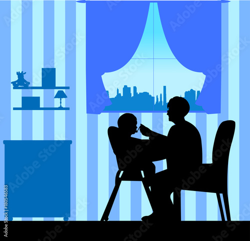 Grandmother nourishes the baby boy silhouette, one in the series of similar images