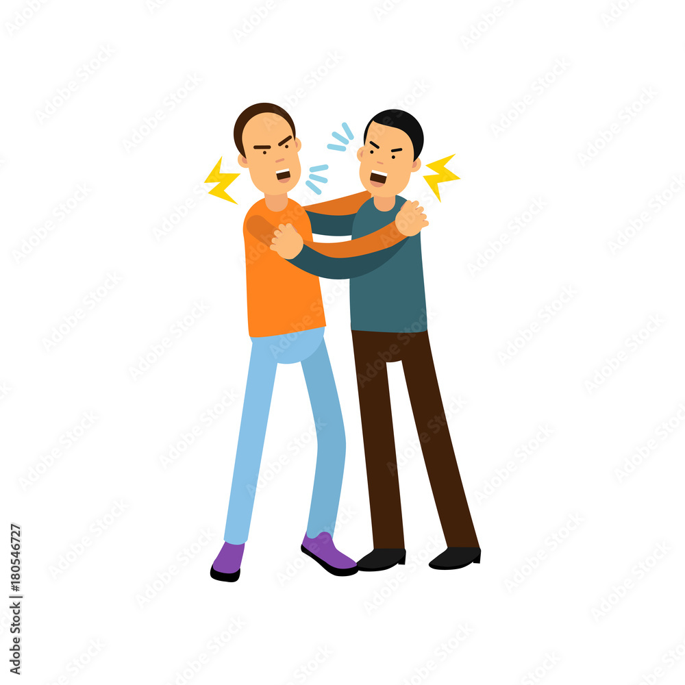 Cartoon characters of two angry men in fighting pose, pull at each other s for clothes Cartoon characters of two angry men in fighting pose, pull at each other s for clothes