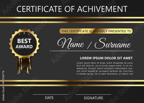 Luxury certificate of achivement template with golden award badge. Modern diploma blank