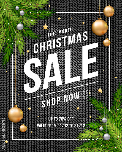 Christmas sale poster banner with knitted black background, gold and silver Christmas balls and template text for your promotion. Eps 10 vector illustration