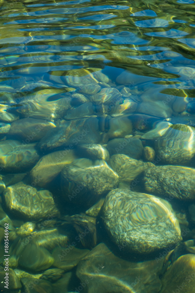 Close up of green and blue background of pebbles and stones under water