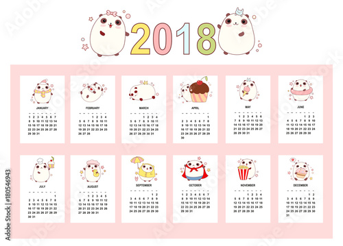 Monthly calendar 2018 with cute pandas