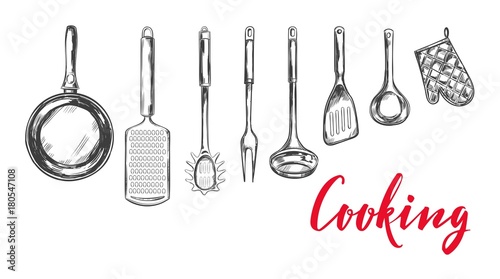 Cooking concept. Kitchen tools . Vector hand drawn illustration with Modern Calligraphy. Lettering