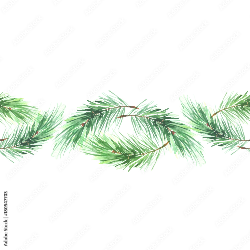 Watercolor spruce, pine, fir branches. Use for decoration, postcards, frame, advertisements, ads, and more. Seamless floral pattern.