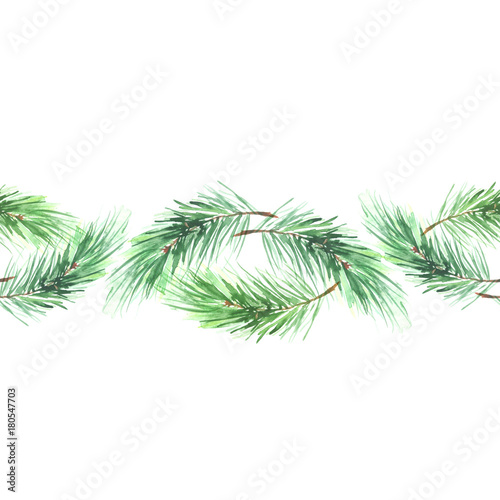 Watercolor spruce  pine  fir branches. Use for decoration  postcards  frame  advertisements  ads  and more. Seamless floral pattern.