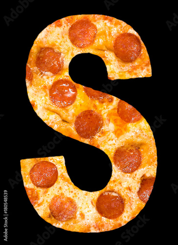 letter S cut out of pizza with peperoni photo