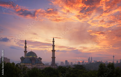 View of public mosque, Wilayah persekutuan mosque at sunrise in Kuala Lumpur, Malaysia