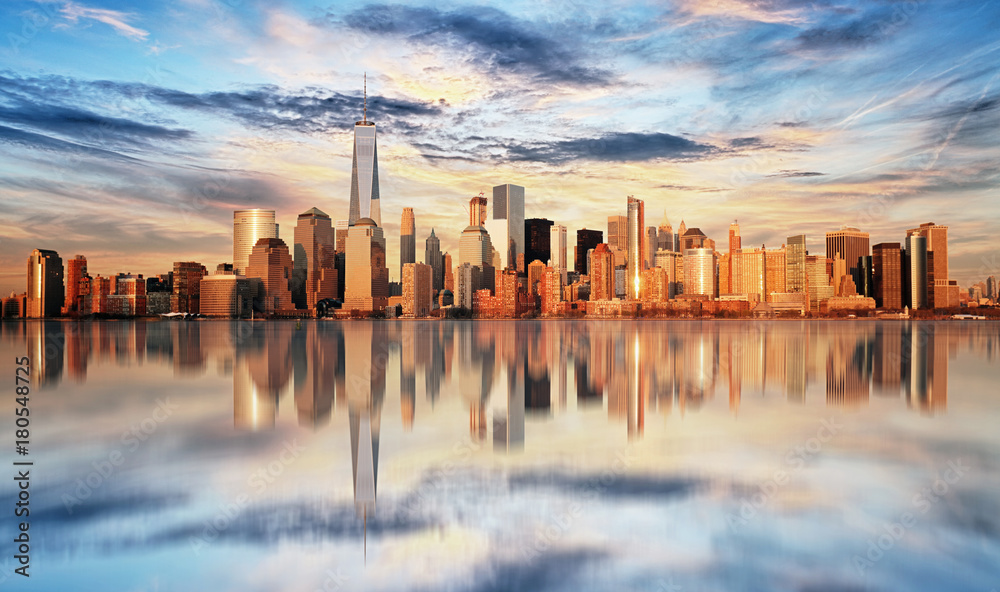 New York City at sunset, Lower Manhattan - obrazy, fototapety, plakaty 