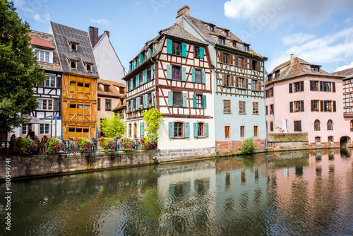 Landscape view on the water channel with beautiful half-timbered houses in Strasbourg city, France © rh2010