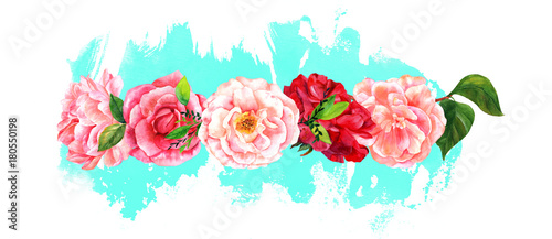 Border of watercolour flowers on splash of teal paint