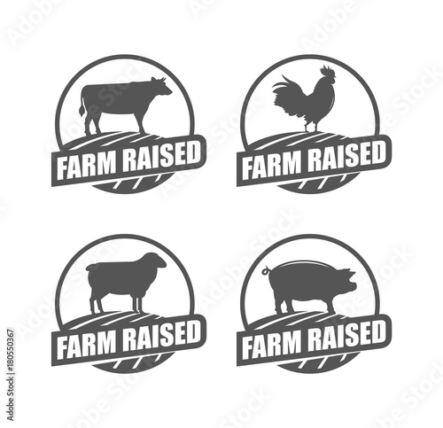 Farm raised stamps. Set of vector stamp with cow, rooster, lamb and pork. 