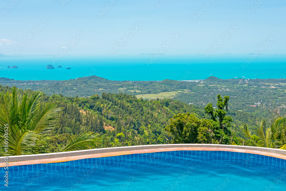 Paradise Farm Park swimming pool at Samui Thailand and panoramic view of island