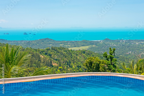 Paradise Farm Park swimming pool at Samui Thailand and panoramic view of island