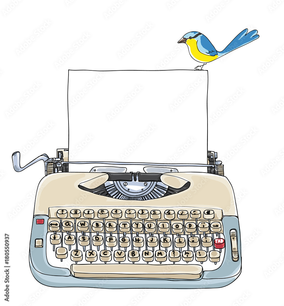 Typewriter Creme and Blue with blank paper and little bird vintage vector  art cute illustration