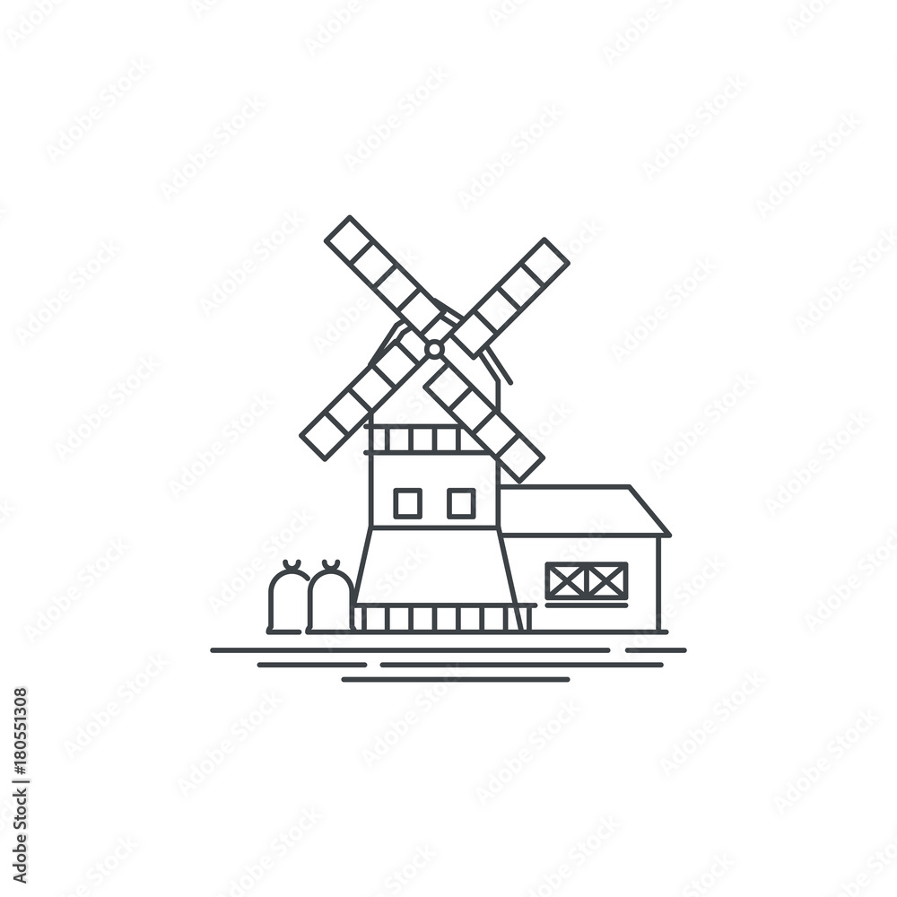 Farm windmill line icon. Outline illustration of barn vector linear design isolated on white background. Farm logo template, element for farming design, line icon object.