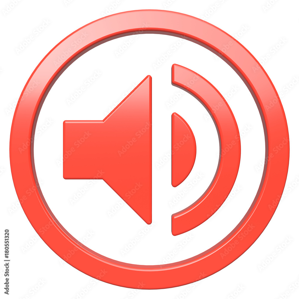 Volume up icon. Red round 3d button with frame Volume up icon. Red round 3d button with frame