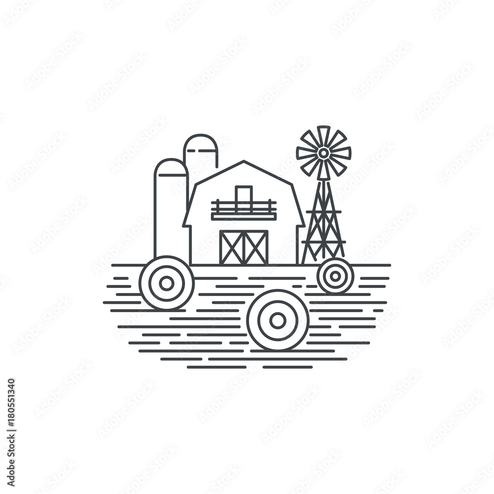 Farm hay line icon. Outline illustration of hay field and barn vector linear design isolated on white background. Farm logo template, element for agriculture business, line icon object. Farm hay line icon. Outline illustration of hay field and barn vector linear design isolated on white background. Farm logo template, element for agriculture business, line icon object.