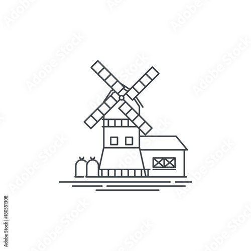Farm windmill line icon. Outline illustration of barn vector linear design isolated on white background. Farm logo template, element for farming design, line icon object.