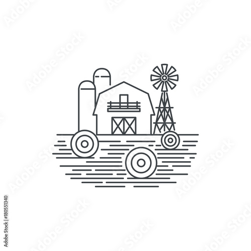 Farm hay line icon. Outline illustration of hay field and barn vector linear design isolated on white background. Farm logo template, element for agriculture business, line icon object.
