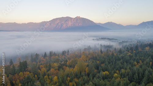 Snoqualmie Valley, Washington Autumn Pacific Northwest Forest Landscape Foggy Cloud Cover Mount Si