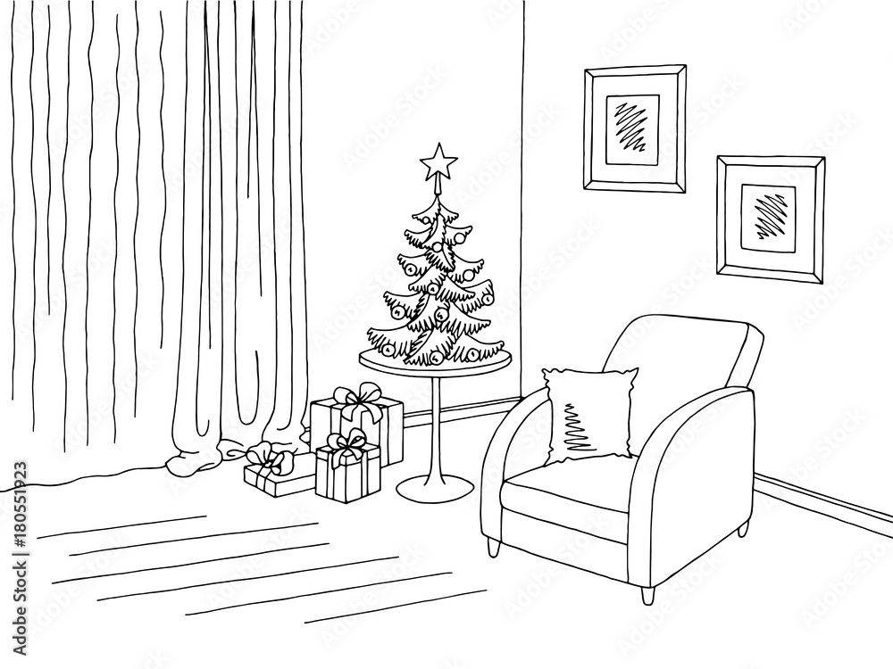 Living room graphic Christmas tree black white interior sketch
