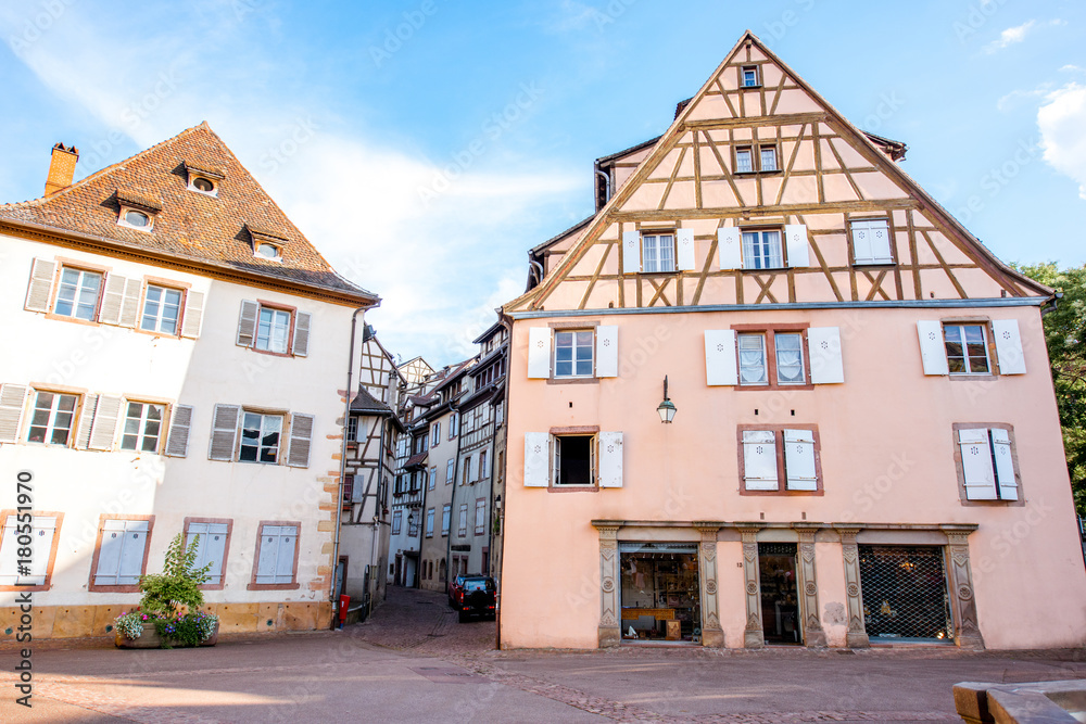 View on the beautiful old half-timbered houses during the sunny day in the famous tourist town Colmar in Alsace region, France