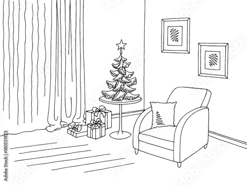 Living room graphic Christmas tree black white interior sketch illustration vector