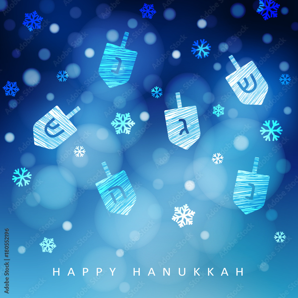 Hanukkah blue background with falling snow, light and dreidels. Modern