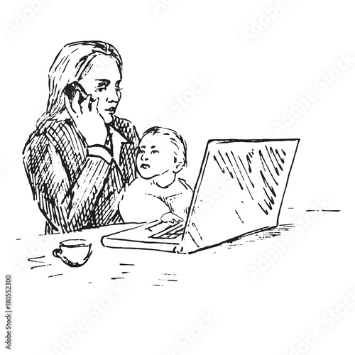 Businesswoman mother working at home, holding child and talking by the phone while working on computer,  hand drawn doodle, sketch in pop art style, black and white vector illustration