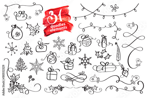 Fototapeta hand drawn Christmas elements doodles. Season greeting decor For your greeting card. Vector illustration