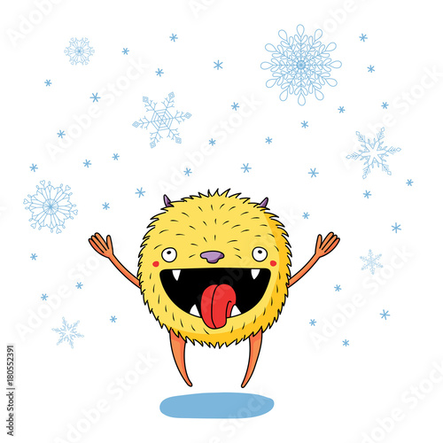 Hand drawn vector illustration of a cute little monster jumping happily among the falling snowflakes. Isolated objects on white background. Design concept for children, change of seasons, winter.